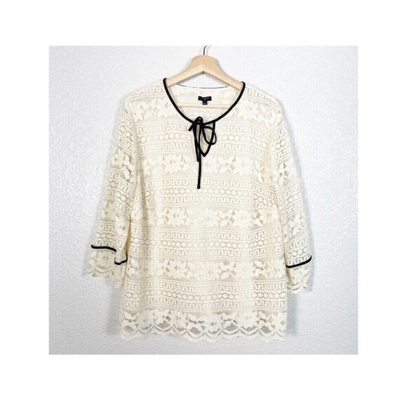 Talbots Scalloped Lace Popover Blouse Women’s Size MP Velvet Trim Boho Elegant - Picture 1 of 16